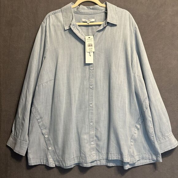 NWT Foxcroft Cassie Denim Chambray Button Up Long Sleeve Shirt Size 18W Bluewash - Picture 1 of 7